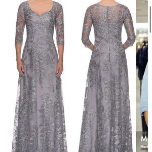 La Femme Floral Embroidered Mesh A-Line Gown, Size 2